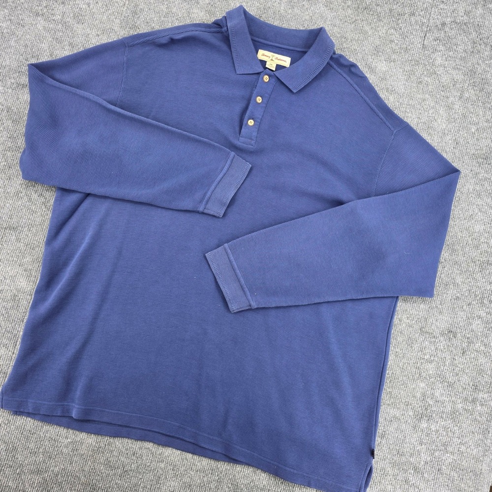 Tommy Bahama Mens XXL Blue Silk Cotton Ribbed Long Sleeve Polo Shirt Pullover